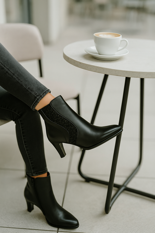 Black Genuine Leather Ankle Boots – Slim 5 cm Heel & Refined Textured Details | Ingrid Shoes