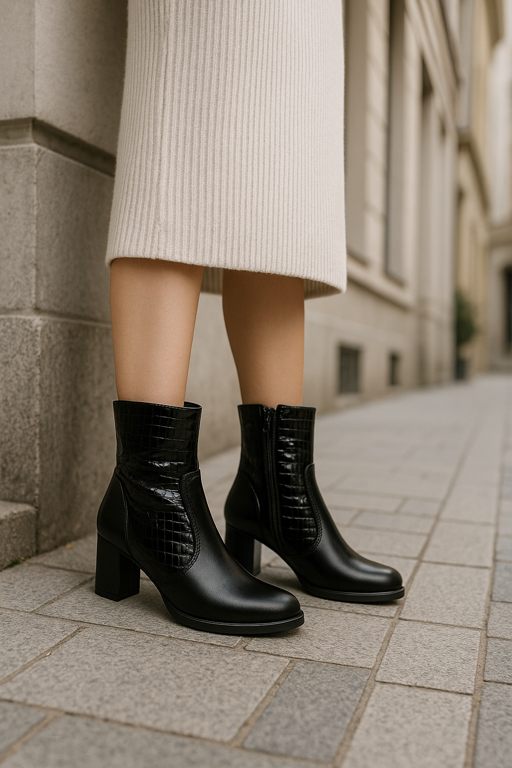 Women’s Black Genuine Leather Ankle Boots with Croco Embossing & 5 cm Block Heel | Ingrid Shoes